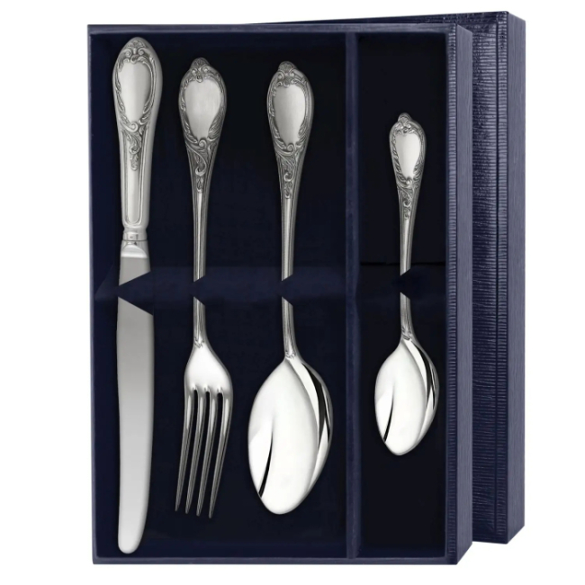 Столовый набор из серебра "Сильвия-Эгоист ": вилка, ложка, нож, чайная ложка, на 1 персону Столовый набор из серебра "Сильвия-Эгоист ": вилка, ложка, нож, чайная ложка, на 1 персону