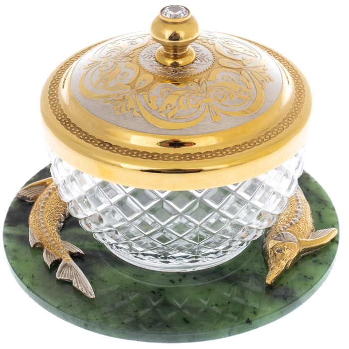 Икорница на подставке из нефрита "Два осетра" Златоуст - артикул: 301301 | Мосподарок 