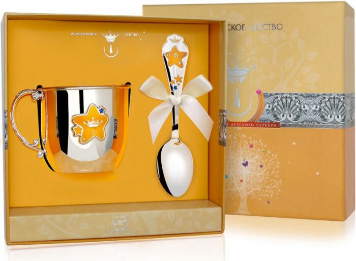 Набор детский серебряный КД "Звезда": кружка и ложка с позолотой и с эмалью, на 1 персону - артикул: AK01170 | Мосподарок 