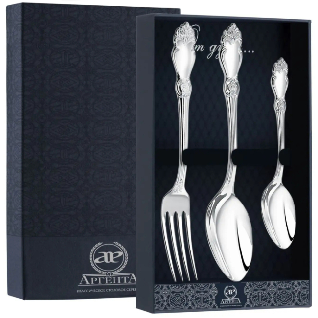 Серебряный столовый набор "Серебряная роза": вилка, ложка, чайная ложка, на 1 персону Серебряный столовый набор "Серебряная роза": вилка, ложка, чайная ложка, на 1 персону