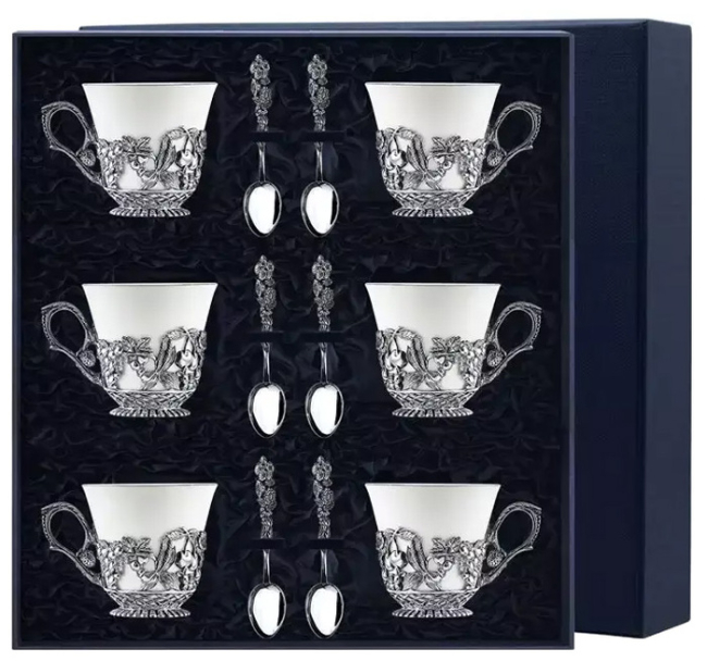 Серебряный чайный набор "Натюрморт": ложка, чашка, на 6 персон