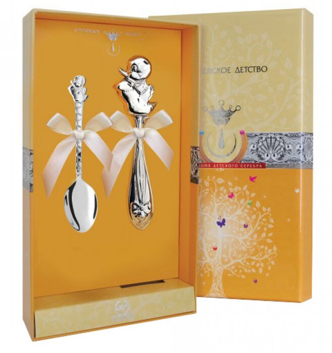 Серебряный набор для малышей "Утенок": ложка и погремушка, на 1 персону - артикул: AK01690 | Мосподарок 