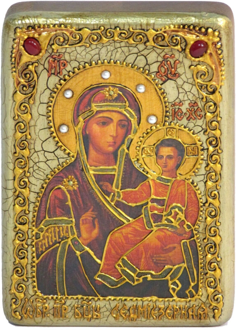Настольная икона Пресвятой Богородицы «Одигитрия Смоленская - Седмиезерная» на мореном дубе