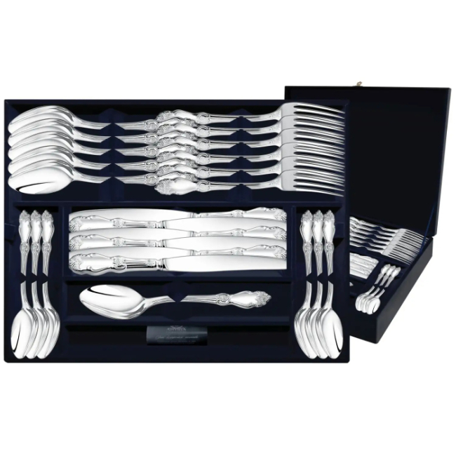 Посеребренный столовый набор "Серебряная роза": вилка, ложка, нож, чайная ложка, на 12 персон, 48 предметов Посеребренный столовый набор "Серебряная роза": вилка, ложка, нож, чайная ложка, на 12 персон, 48 предметов