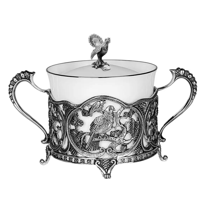 Серебряный набор "Глухариный край": сахарница и щипцы для сахара - артикул: AK01264 | Мосподарок 