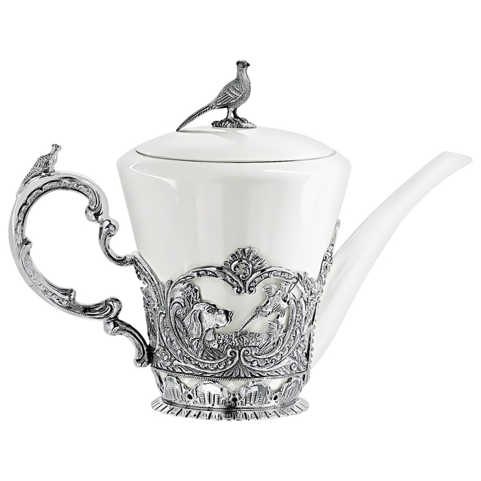 Набор серебряный "Королевская охота": ложка, чашка, чайник, сахарница - артикул: AK01781 | Мосподарок 