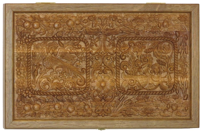 Резные дорожные нарды-шашки из массива чёрного дуба "Белокаменные-6"