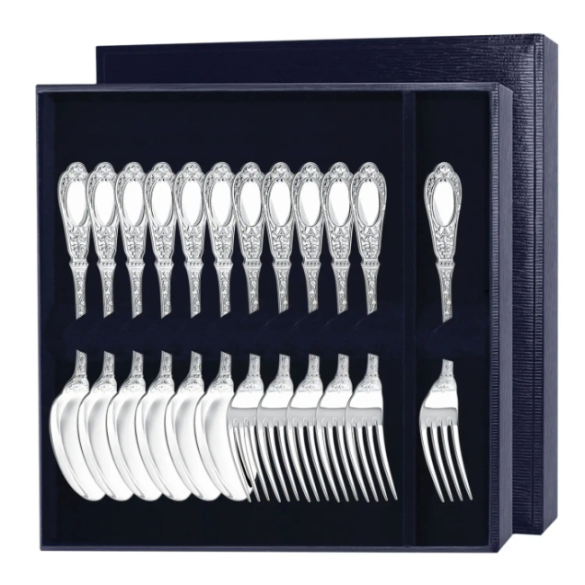 Серебряный десертный набор  "Фамильный": ложка, вилка, на 6 персон, 12 предметов