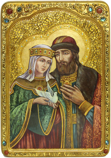 Живописная икона "Петр и Феврония" в киоте