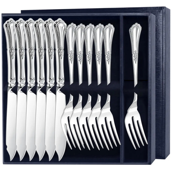 Серебряный набор для рыбы "Фаворит": вилка, нож, на 6 персон, 12 предметов - артикул: AK01812 | Мосподарок 