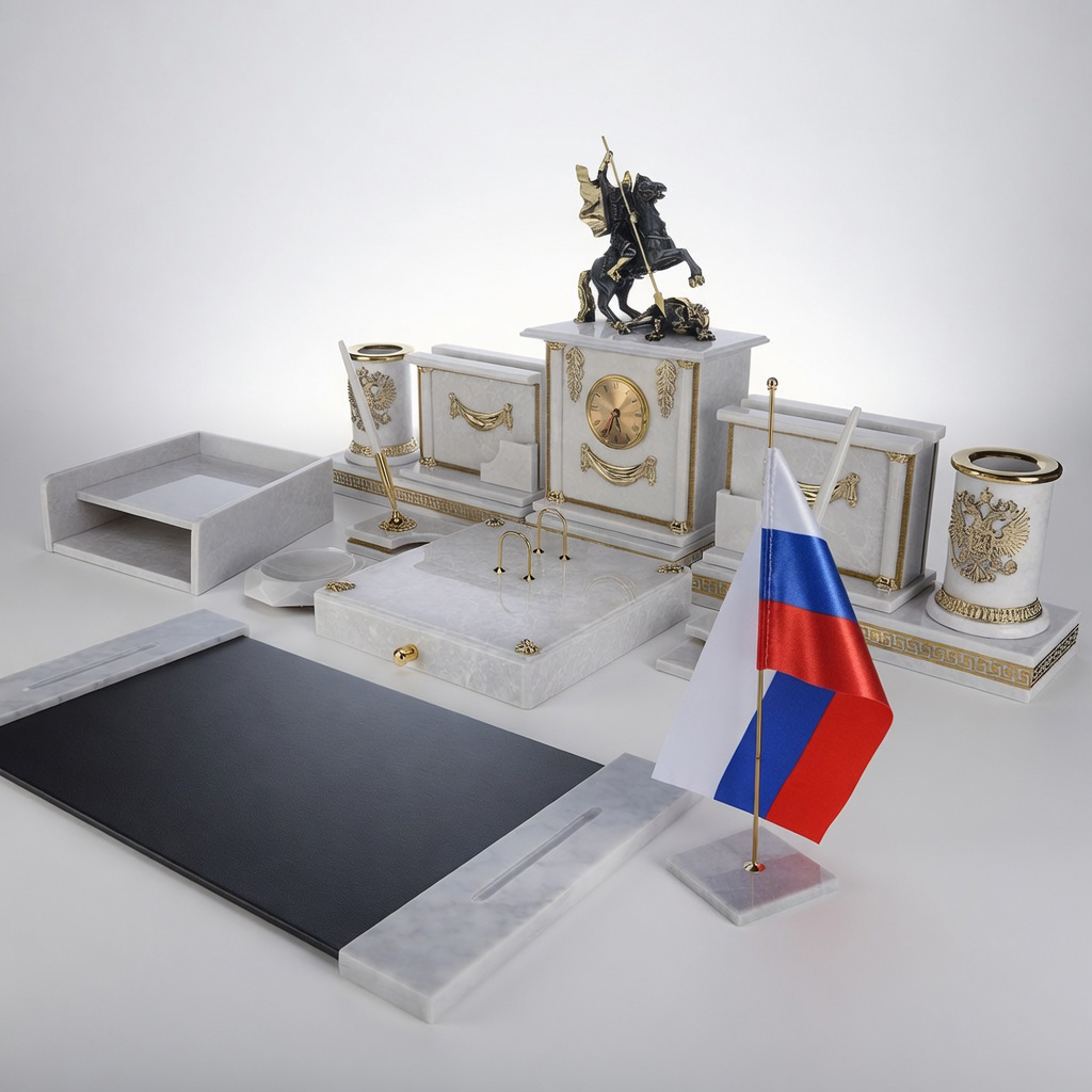 Настольный набор из белого мрамора "Георгий Победоносец" - артикул: E13504 | Мосподарок 