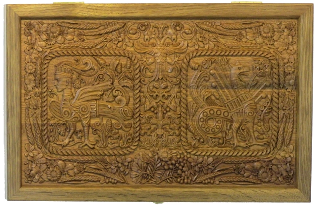 Резные дорожные нарды-шашки из массива чёрного дуба "Белокаменные-4"