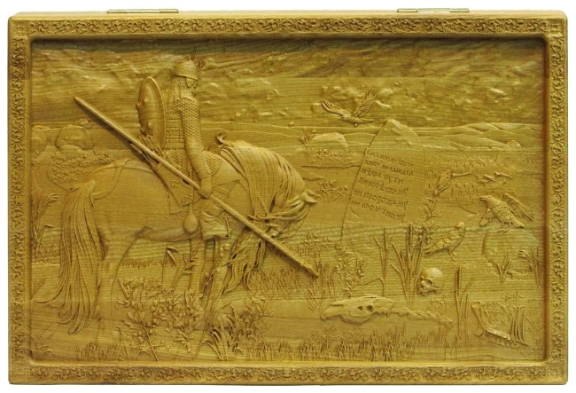 Резные объемные нарды+шашки дорожного размера из массива мореного ясеня "Витязь на распутье"