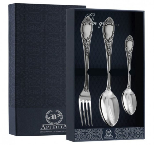Серебряный столовый набор "Престиж": вилка, ложка, чайная ложка, с чернением Серебряный столовый набор "Престиж": вилка, ложка, чайная ложка, с чернением