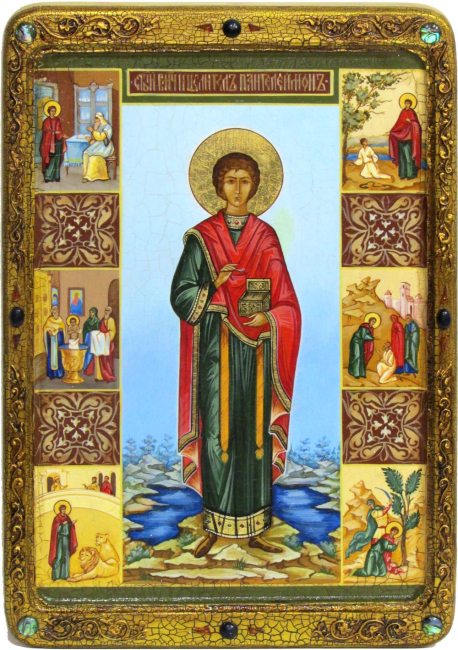 Живописная икона "Святой Великомученик и Целитель Пантелеймон" на кипарисе в березовом киоте
