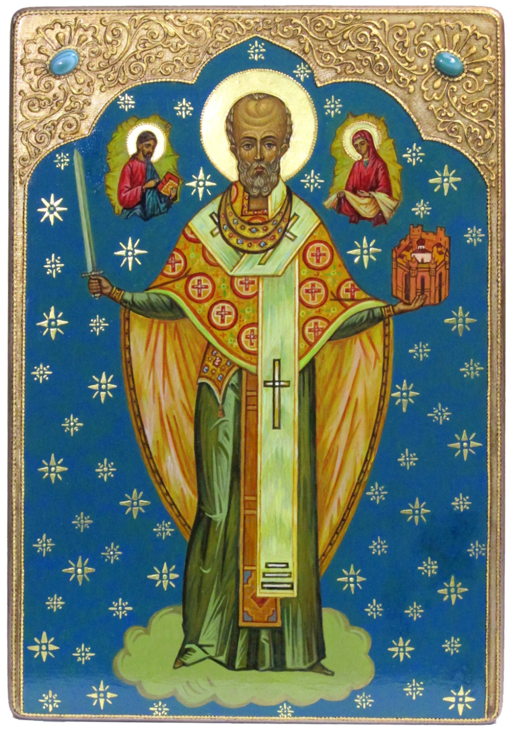 Живописная икона "Святой Никола Можайский" на кипарисе в березовом киоте - купить в Москве | Мосподарок 