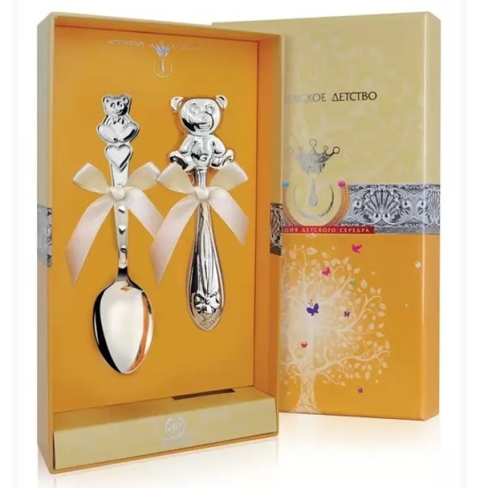 Серебряный набор для малышей "Медвежонок": ложка и погремушка, на 1 персону - артикул: AK01581 | Мосподарок 