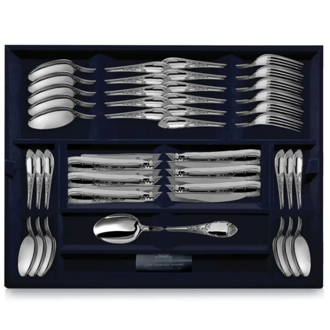 Серебряный десертный набор "Престиж": вилка, ложка, нож, чайная ложка, на 6 персон Серебряный десертный набор "Престиж": вилка, ложка, нож, чайная ложка, на 6 персон