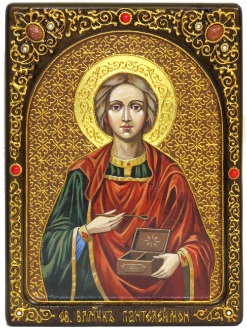 Живописная икона "Святой Великомученик и Целитель Пантелеймон" на кипарисе