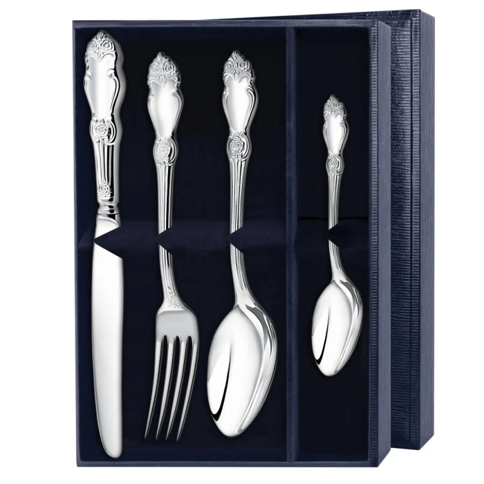 Серебряный столовый набор "Эгоист. Серебряная роза": вилка, ложка, нож, чайная ложка, на 1 персону - артикул: AK01852 - стоимость: 75 500 руб. Серебряный столовый набор "Эгоист. Серебряная роза": вилка, ложка, нож, чайная ложка, на 1 персону - артикул: AK01852 | Мосподарок