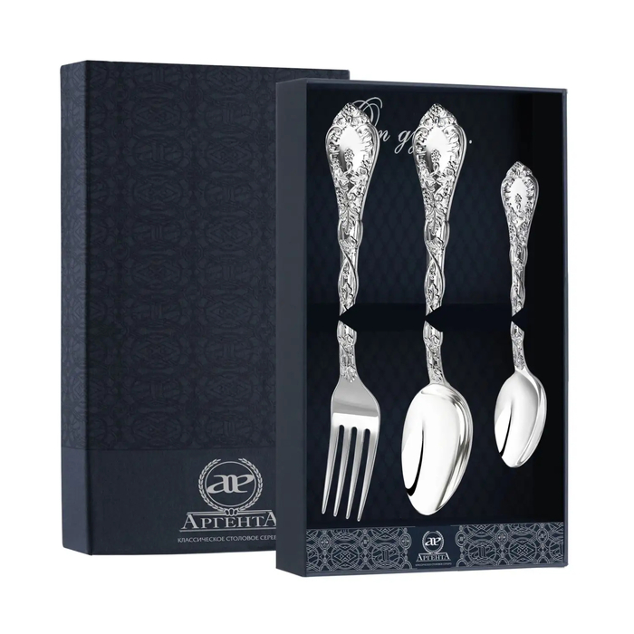 Серебряный набор столовый  "Виноградная лоза": вилка, ложка, чайная ложка, на 1 персону, в футляре - артикул: AK01784 | Мосподарок 