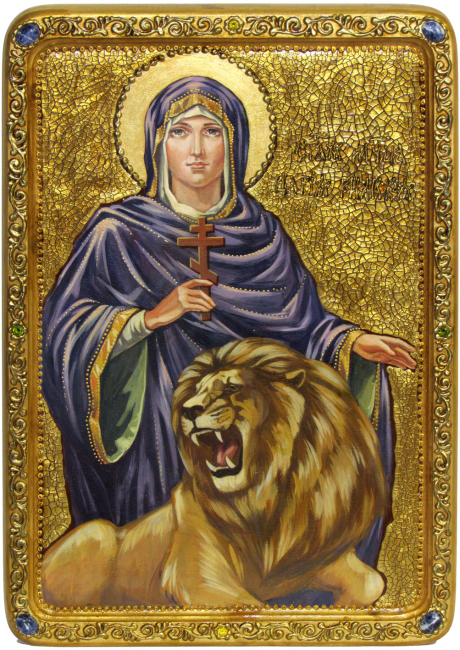 Живописная икона "Святая мученица Дария Римская" на кипарисе в березовом киоте