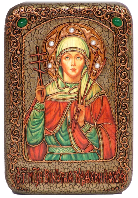 Настольная икона "Святая мученица Виктория Кордувийская" на мореном дубе