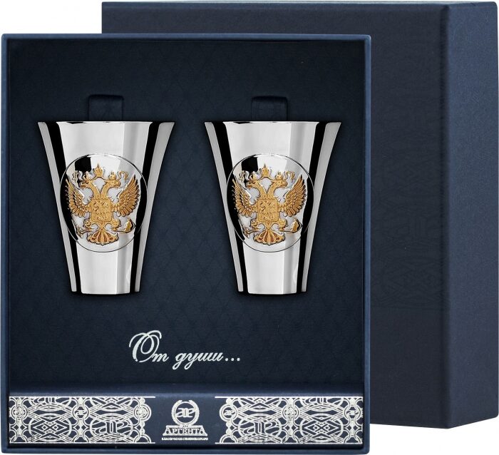 Набор стопок для водки из серебра "Герб" с позолотой на 2 персоны - артикул: AK01311 - стоимость: 28 600 руб. Набор стопок для водки из серебра "Герб" с позолотой на 2 персоны - артикул: AK01311 | Мосподарок