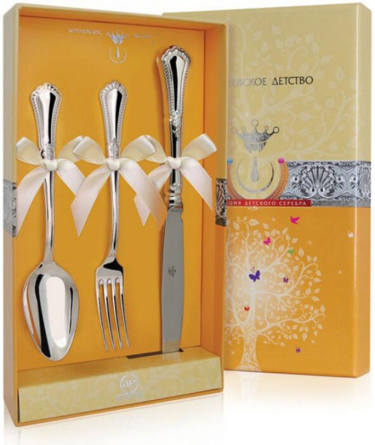 Набор детских серебряных столовых приборов КД "Фаворит": вилка, ложка, нож, на 1 персону