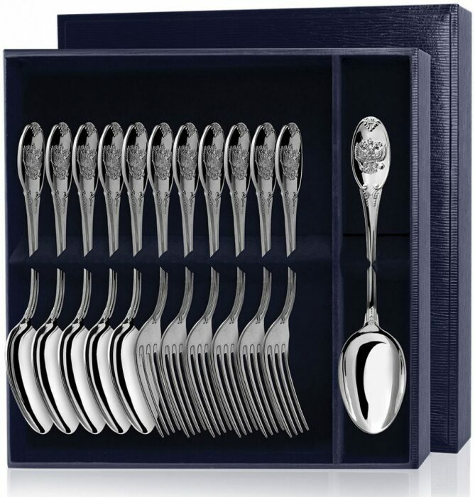 Серебряный столовый набор "Единство": вилка и ложка, 12 предметов - артикул: AK01379 - стоимость: 267 400 руб. Серебряный столовый набор "Единство": вилка и ложка, 12 предметов - артикул: AK01379 | Мосподарок