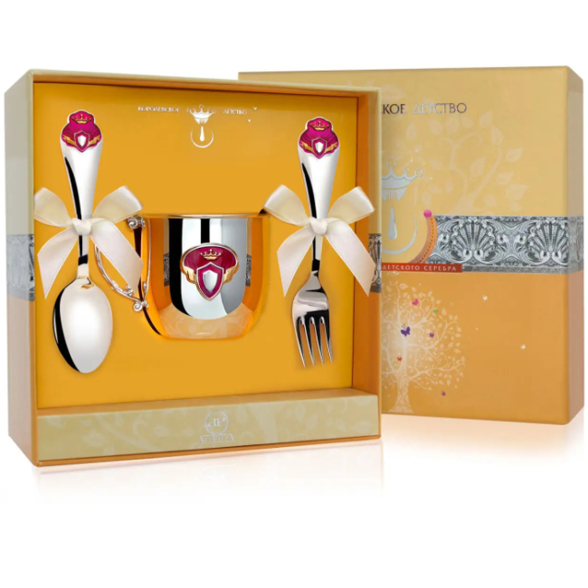 Набор детский серебряный КД "Принцесса : вилка, кружка, ложка с позолотой и с эмалью, на 1 персону