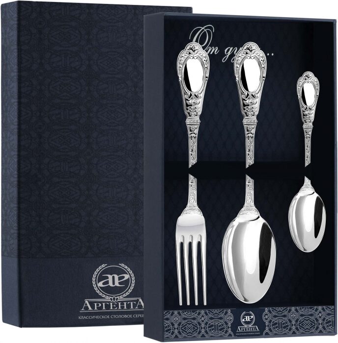 Серебряный столовый набор "Фамильный": вилка, ложка, чайная ложка - артикул: AK01559 - стоимость: 80 900 руб. Серебряный столовый набор "Фамильный": вилка, ложка, чайная ложка - артикул: AK01559 | Мосподарок
