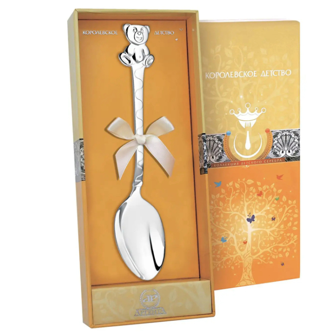 Ложка десертная серебряная DODO "Медведь" на 1 персону, в футляре