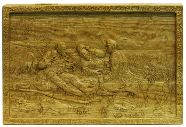 Резные объемные нарды+шашки дорожного размера из массива мореного ясеня "Охотники на привале"