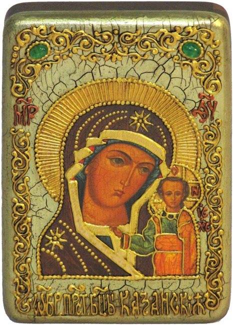 Настольная икона "Образ Казанской Божией Матери" на мореном дубе