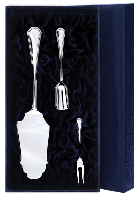 Серебряный десертный набор "Элегант": вилка для лимона, лопатка для пирожного, совок для сахара - артикул: AK01679 - стоимость: 61 500 руб. Серебряный десертный набор "Элегант": вилка для лимона, лопатка для пирожного, совок для сахара - артикул: AK01679 | Мосподарок