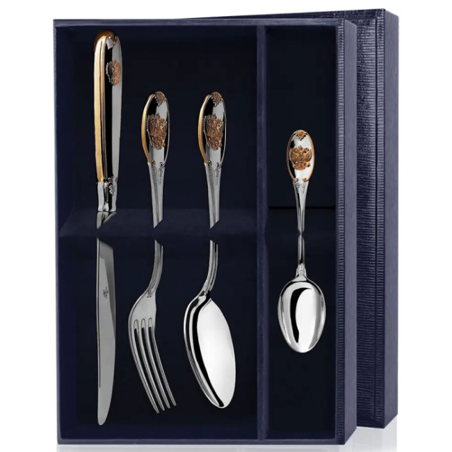 Набор из 4 столовых серебряных приборов "Единство" с позолотой, на 1 персону