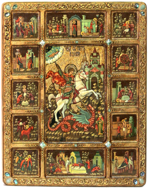 Живописная икона "Чудо Святого Георгия о змие" с житийными сценами на кипарисе