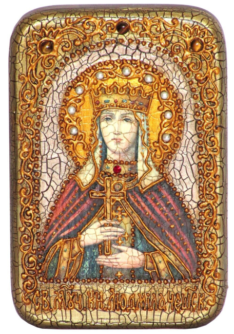 Настольная икона "Святая Мученица Людмила Чешская" на мореном дубе