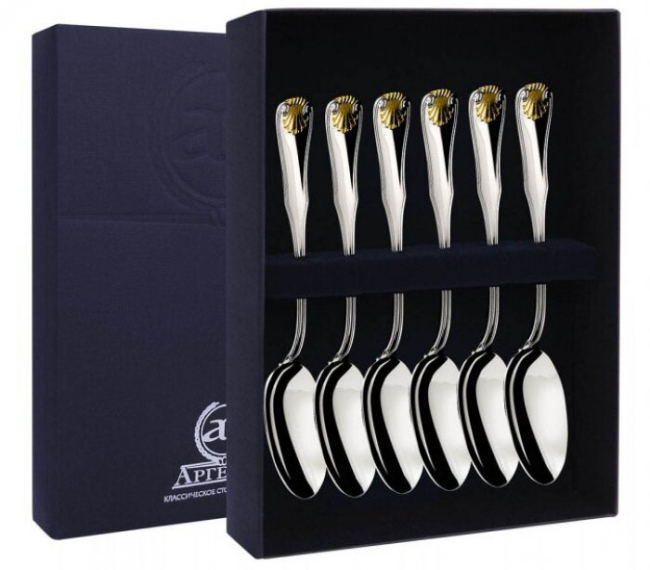 Набор из 6 серебряных чайных ложек «Визит» с позолотой