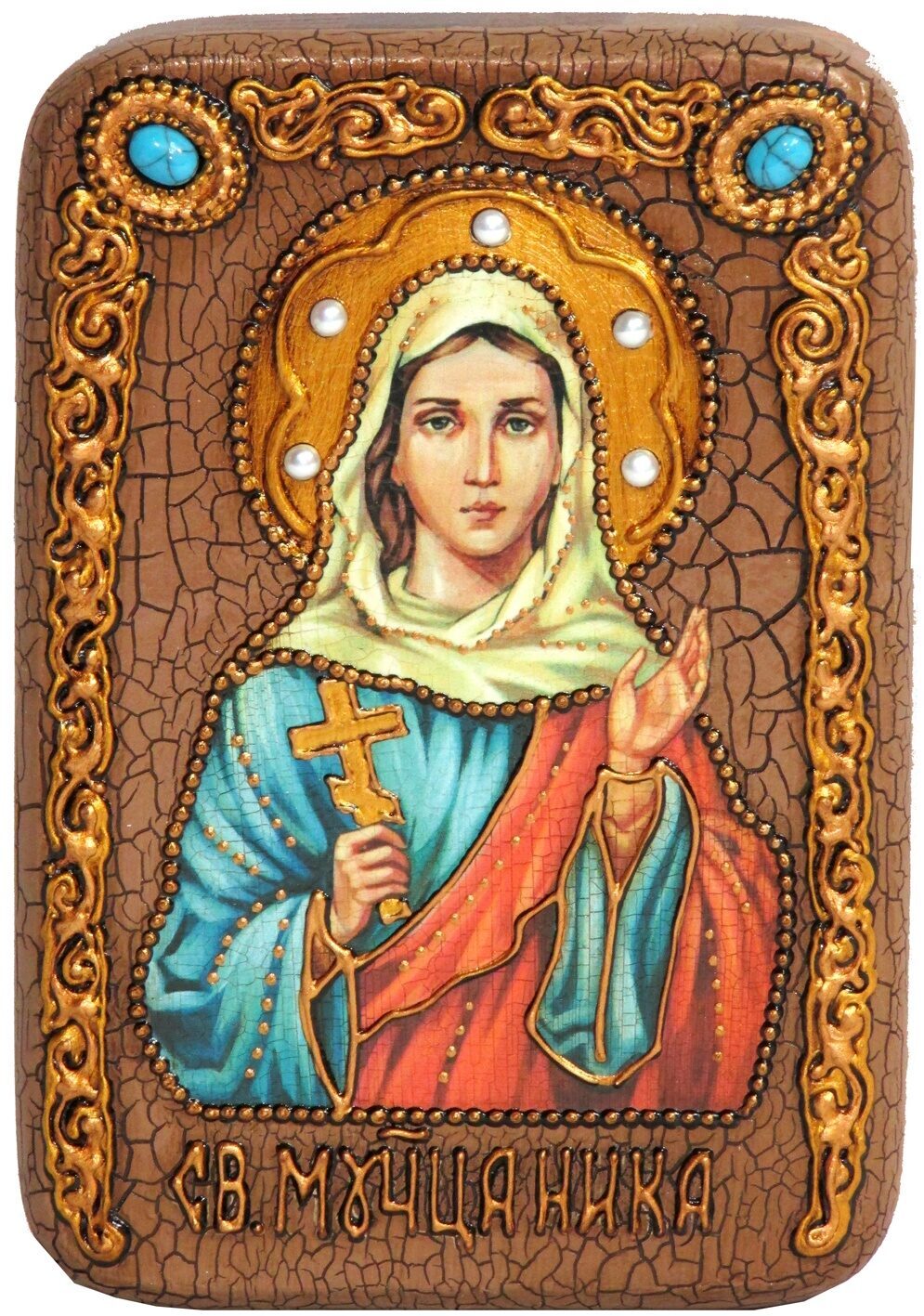 Настольная икона "Святая мученица Ника Коринфская" на мореном дубе - купить в Москве | Мосподарок 