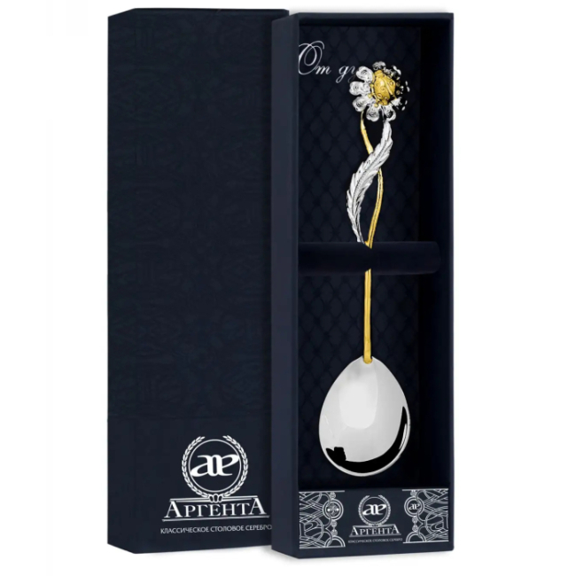 Серебряная чайная ложка "Ромашка" с позолотой, нв 1 персону Серебряная чайная ложка "Ромашка" с позолотой, нв 1 персону