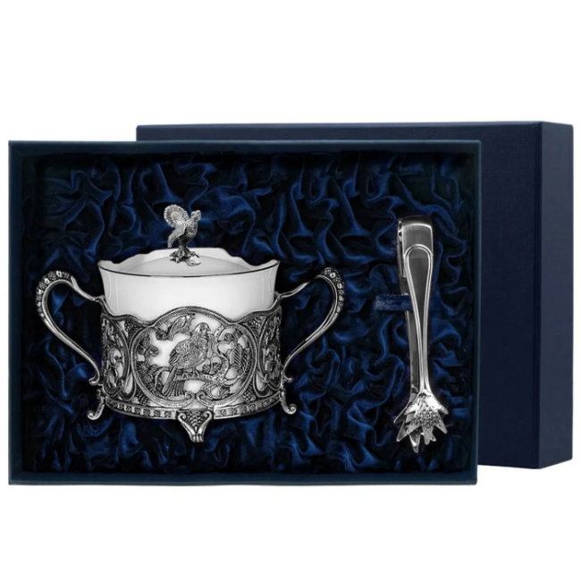 Серебряный набор "Глухариный край": сахарница и щипцы для сахара Серебряный набор "Глухариный край": сахарница и щипцы для сахара