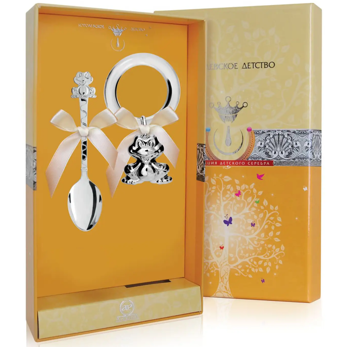 Серебряный набор для малышей "Лягушка": ложка и погремушка, на 1 персону - артикул: AK01735 | Мосподарок 