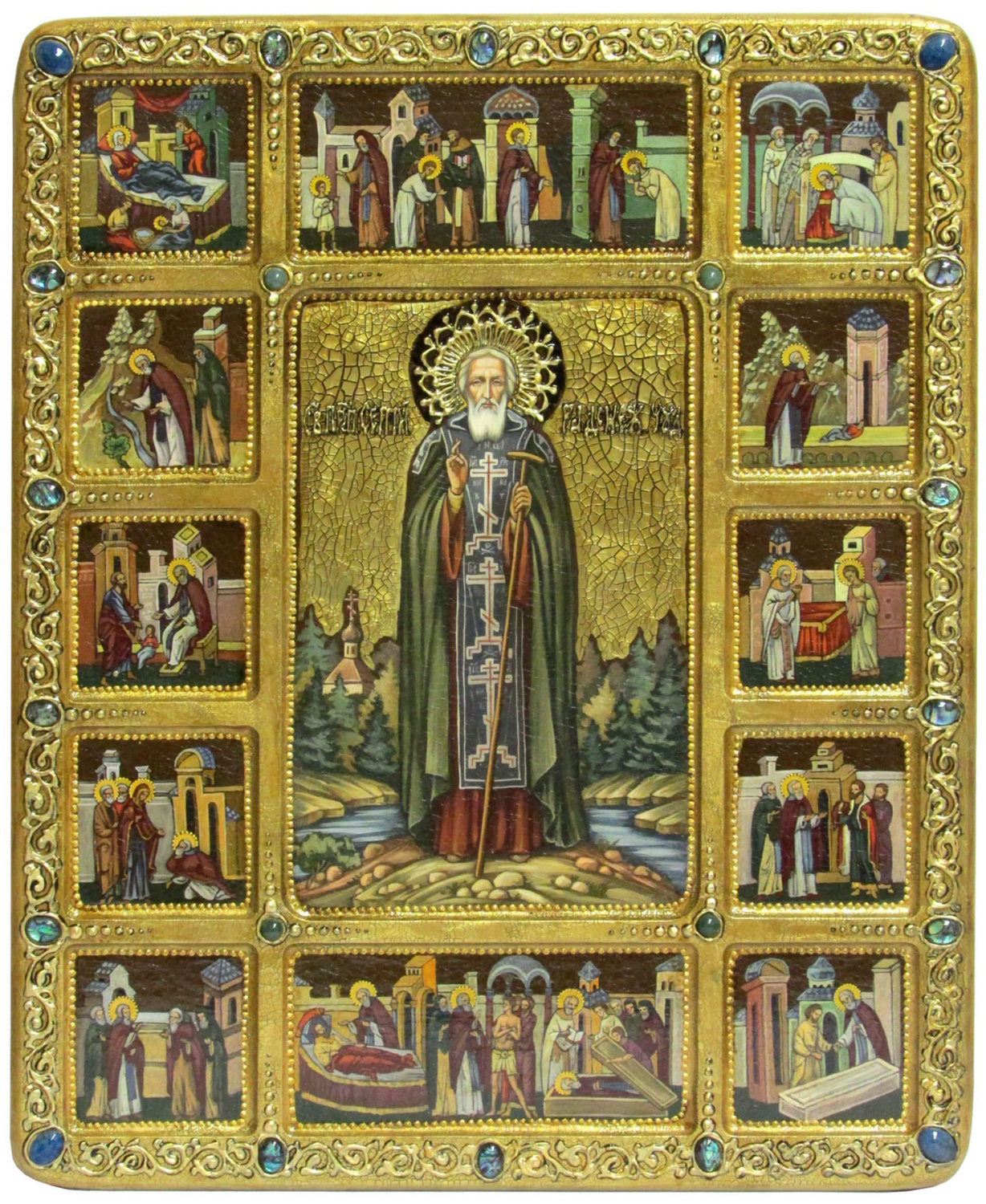 Живописная икона "Преподобный Сергий Радонежский чудотворец" с житийными сценами на кипарисе - купить в Москве | Мосподарок 