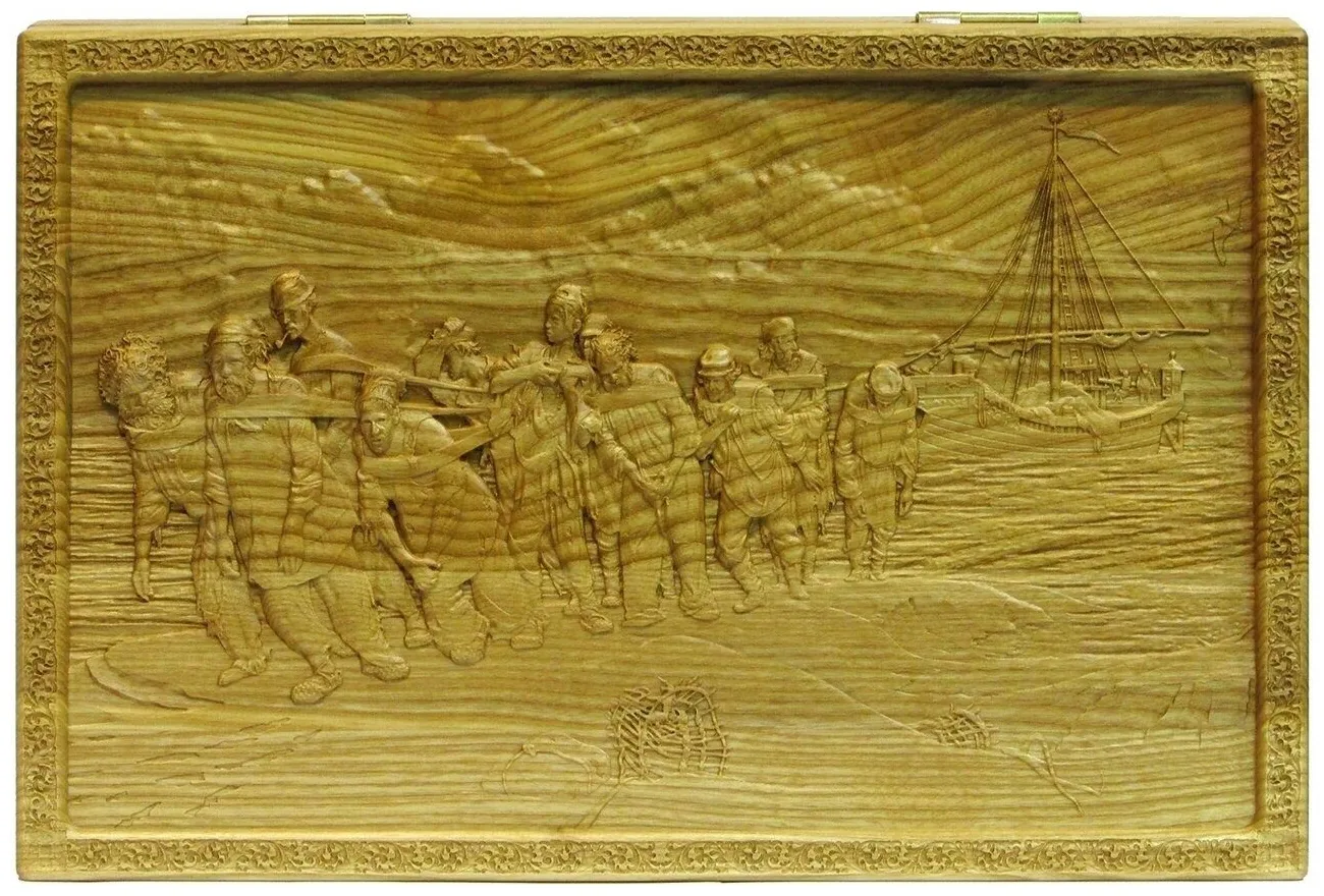 Резные объемные нарды+шашки дорожного размера из массива мореного ясеня «Бурлаки на Волге» - артикул: 120-221 | Мосподарок 