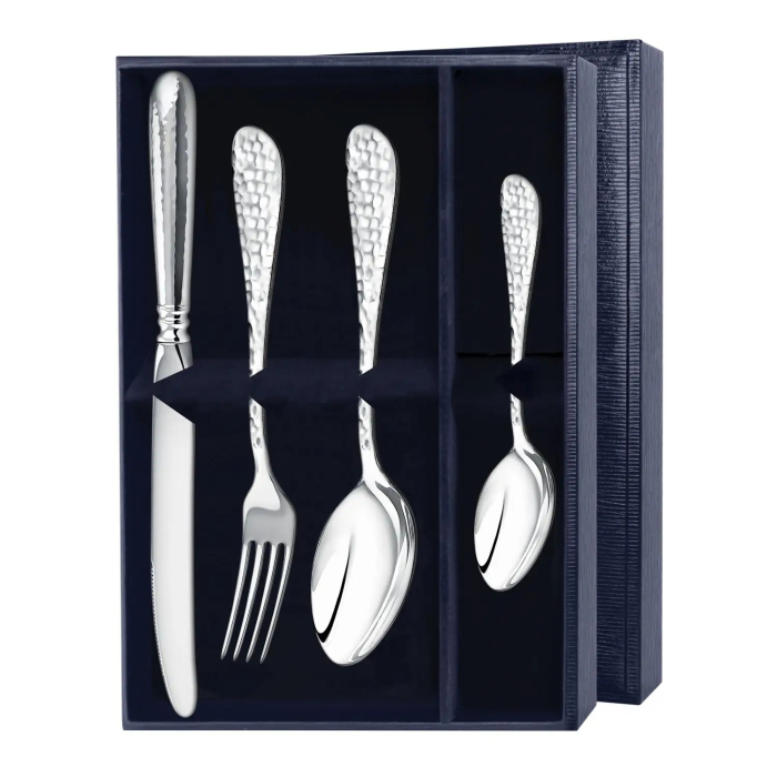 Серебряный столовый набор "Эгоист. Капелька": вилка, ложка, чайная ложка, нож, на 1 персону, ковка - артикул: AK01834 | Мосподарок 