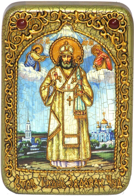 Настольная икона "Святитель Тихон Задонский" на мореном дубе