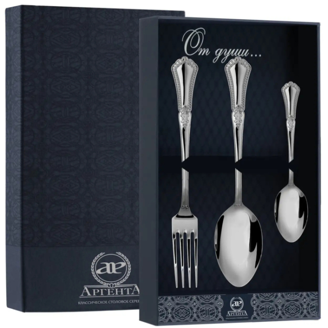 Серебряный столовый набор "Фаворит": вилка, ложка, чайная ложка, на 1 персону Серебряный столовый набор "Фаворит": вилка, ложка, чайная ложка, на 1 персону