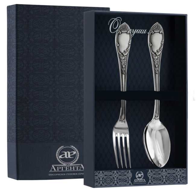 Серебряный столовый набор "Престиж": вилка и ложка, с чернением Серебряный столовый набор "Престиж": вилка и ложка, с чернением